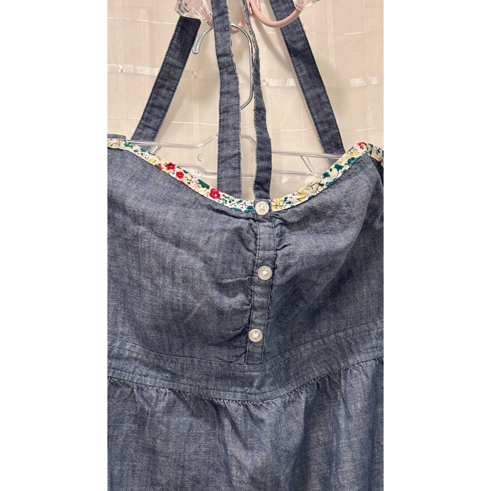 Old Navy Chambray Halter Dress Blue Cotton Floral‎ Trim Smocked Back Womens L - Picture 2 of 8